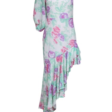 Lovers + Friends -  Lilac, Blush, & Mint Rose Print Maxi Dress w/ One Shoulder Design & Ruffle Asymmetrical Hem Sz S