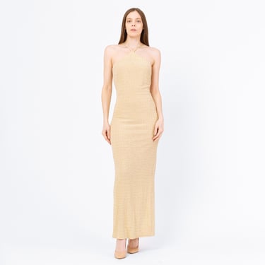 Vintage 90s Cache Gold Metallic Mosaic Maxi Dress - Small | Formal Sparkle Evening Gown, Slinky Sleeveless Wedding Guest Dress Dress 