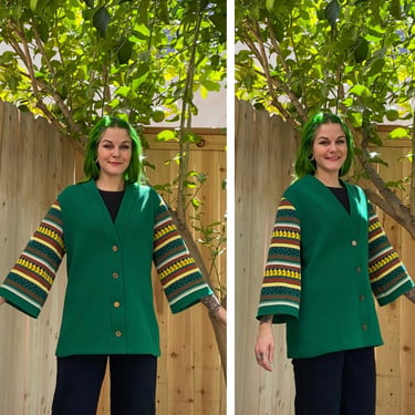 Vintage 1960’s Green Cardigan with Colorful Sleeves 