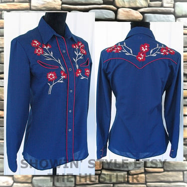 The Hustler Vintage Retro Women's Cowgirl Western Shirt, Navy Blue, Red Floral Embroidery, Tag Size 14/36, approx. Medium (see meas. photo) 