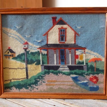 Vintage cottage crewel embroidery/ vintage needlepoint art / framed embroidery / cottage decor / beach house embroidery  / Victorian home 