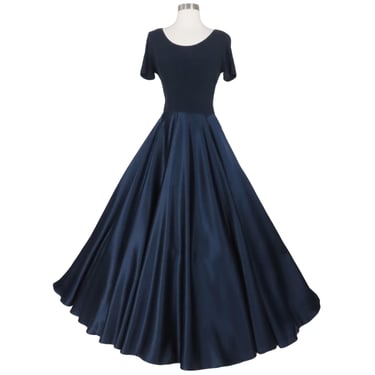 Vintage 80s 90s Navy Blue Satin Stretch Bodice Ballgown Ball Gown Full Skirt Prom Party Dress S M Small Medium Gala Formal Stretchy Top 