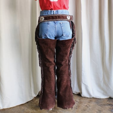 Fringed Leather Chaps / Vintage Western Women's Chaps / Brown Suede Pants 