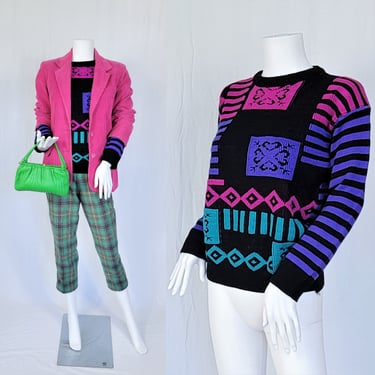 1980's New Wave Purple Black Striped Acrylic Pull Over Sweater I Sz Med I Jamknits 