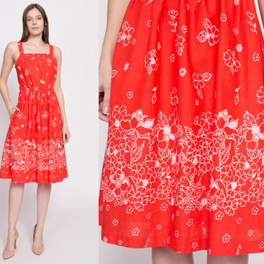 70s Red Orange Floral Fit & Flare Sundress - Medium | Vintage Boho Shirred Bodice Summer Pocket Midi Dress 
