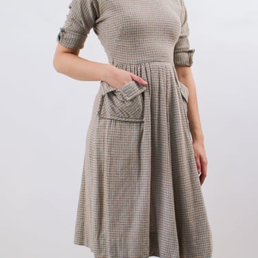 1940s Brown and Blue Plaid Wool Dress with Oversized Pockets