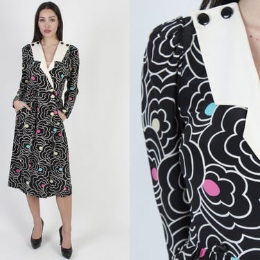 80s Louis Feraud Silk Dress, Vintage Floral Menswear Cocktail Outfit, 1980's Removable Collar Mini Frock With Pockets 