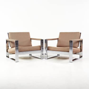 Milo Baughman Mid Century Tank Chrome Flatbar Lounge Chairs - Pair - mcm 