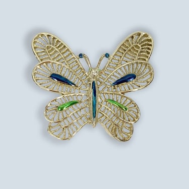 VINTAGE 50s Blue and Green Enamel Gold Butterfly Brooch by Gerry's | 1950s MCM Bug Jewelry Pin | Gift Idea VFG 