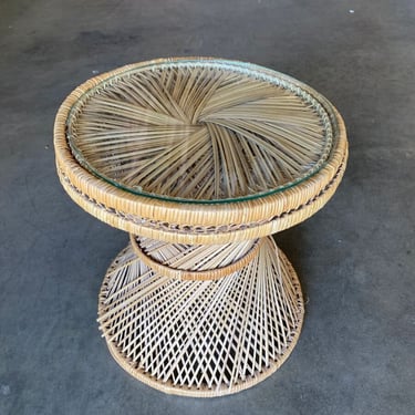 Round Woven Wicker Side table w/ Glass Top, Circa 1970 