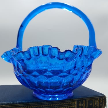 Fenton Ruffled Edge Thumprint Cobalt Colonial Blue Glass Basket, Vintage Glassware, Fancy Glass Home Decor, Vintage, Mid Century Art Glass 