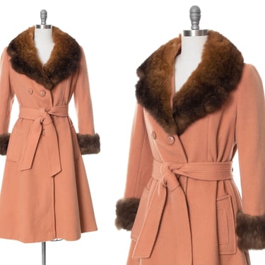 Vintage 1970s Princess Coat | 70s Fur Trim Dusty Rose Pink Wool Belted Fit and Flare Winter Coat (small/medium) 