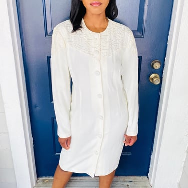 80s Scarlett Embroidered Ivory Button Down Sheath Midi Dress 