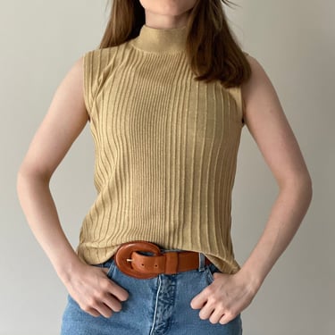 Vintage Anna Gray Gold Metallic Ribbed Silk Blend Sleeveless Top Shell Sweater Blouse, Size Large 
