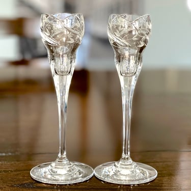 VINTAGE: 2pc - Tall Crystal Candlestick Holders with an Etched Design - Rose Bud Tulip Candlesticks - 