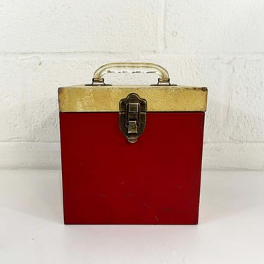 Vintage Metal 45 Box Record Case Holder Storage Mid-Century Retro Music Musical Red Beige Plastic Handle 