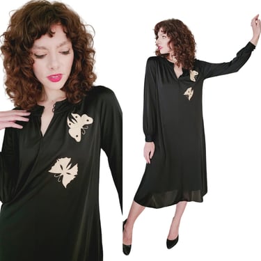 Vintage 70s Day Dress Black w/Beige Butterflies by Ciao Ltd 