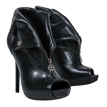 Alexander McQueen - Black Leather Peep Toe Stiletto Booties w/ Skull Zipper Sz 8.5