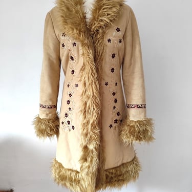 Vintage 1970s inspired Penny Lane Coat Embroidered, Faux Fur Coat with Embroidery, 1970's Style Penny Lane Shearling Coat, Afghan Coat 