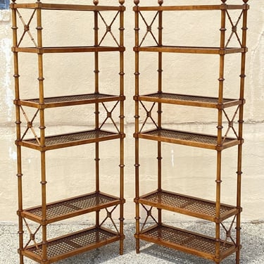 Vintage Hollywood Regency Faux Bamboo Wood & Cane 6 Tier Bookcase Etagere - Pair