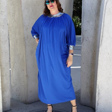 Plus Size Kaftan, Vintage 70s 80s My Kinda Gal Caftan, One Size Women, Blue Polyester, Silver Sequin Trim 
