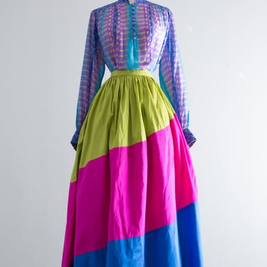 Fabulous 1980's Color Block Silk Skirt By Marisa Mone / Waist 30&quot;