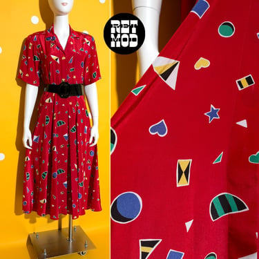 Happy Vintage 80s Red Funky Patterned Fit & Flare Dress with Hearts, Stars and Geometric Shapes 