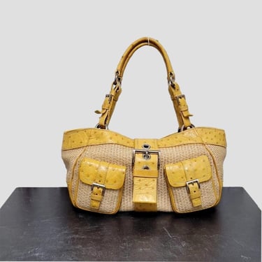 Vintage Prada Handbag - Goldenrod Ostrich Leather and Wicker 
