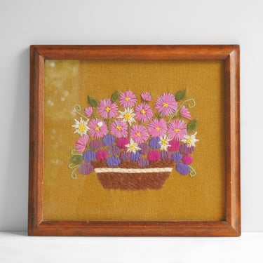 Vintage Flower Crewel Embroidery, Framed Purple Flower Embroidered Art 