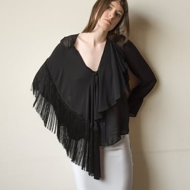 7086t / giorgio armani black silk chiffon fringe blouse 