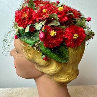 50’s spring floral hat with green veil netting~ fascinator style whimsical red florets  Pinup style embellished Springtime bridal fashion 