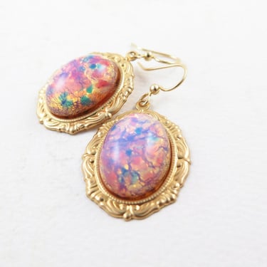 Vintage Harlequin Opal Earrings, October Birthstone, Pink Glass Opals, October Birthday, Opal Jewelry 