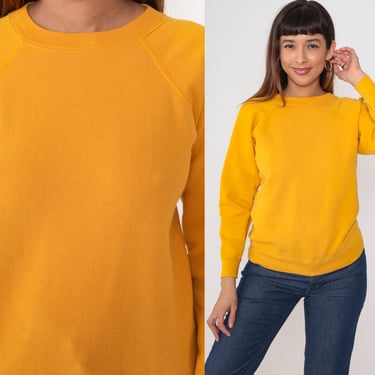 80s Sweatshirt Gold Yellow Crewneck Sweatshirt Raglan Sleeve Plain Slouchy Pullover Sweater 1980s Vintage Sweat Shirt Blank Solid Small 
