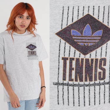 90s Adidas T Shirt Tennis TShirt Grey Graphic Athletic Shirt Sports Tee Activewear Retro Vintage Streetwear Athlete 1990s Medium 