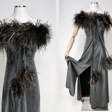 1970s Handmade Silver Metallic Ostrich Feather Dress w Tinsel XS | Vintage, Showgirl, Hollywood, One of a kind, Slits, Sexy, Halloween 