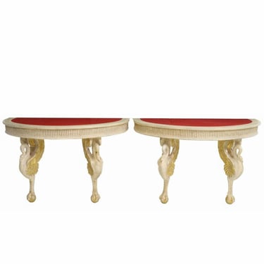 Maison Jansen Signed Mid-Century French Empire Style Demi-lune Swan Console Table Pair 