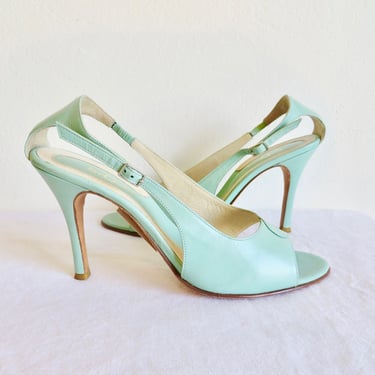 Size 39 9US Mint Blue Green Aqua Leather Strappy High Heel Sandals Retro 1950's Style Heels Rockabilly Spring Summer Sandals Shoes Italian 