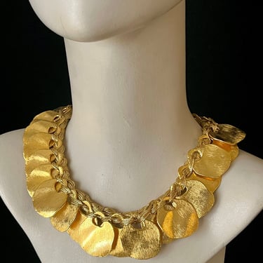 Statement Necklace, Brutalist, Sculpted Medallions, Woven Rope Metallic Cord, Hammered Metal, Vintage Jewelry 