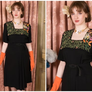 1940s Dress - Fantastic Vintage 40s Black Rayon Dress with Removable Brilliantly Embroidered Collar in a Floral Motif 