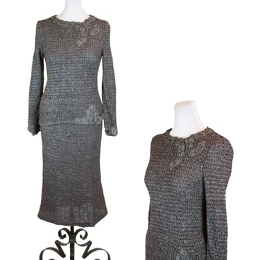 Vintage 1950s Dress ~ Grey Ribbon Knit Dress Skirt Blouse Set 