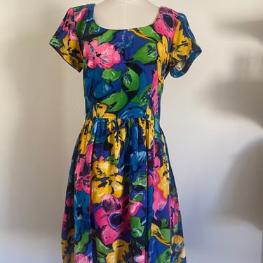 Vintage 80s Mod Baby Doll Bold Floral Maxi Dress with Circle Skirt; 90s Bright Blue and Hot Pink Hawaiian Flower Power Mini Dress M 