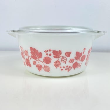 Vintage Pyrex Pink Gooseberry Round Casserole 474, 1 1/2 Quart Pink 1950s Pyrex Pink on White leaves, Grandmas Old Dishes, Mrs. Maisel Dish 