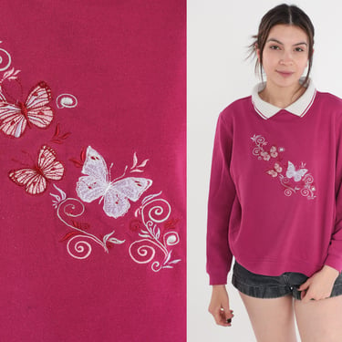 Butterfly Sweatshirt 90s Berry Pink Collared Sweatshirt Embroidered Floral Butterflies Grandma Sweater Retro Hippie Vintage 1990s Medium M 