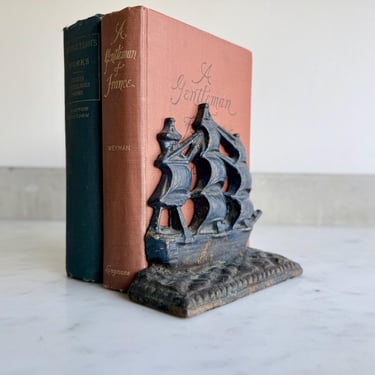 Antique Cast Iron Ship Navy Bookend Vintage Heavy Victory Galleon Clipper Ship Doorstop Book End Sail Boat Nautical Coastal Maritime Decor 