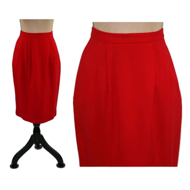 90s Crepe Red Wool Pencil Skirt, Straight Pleated Front High Waisted Midi Skirt with Pockets, 1990s Clothes Women, Vintage  Small Medium 