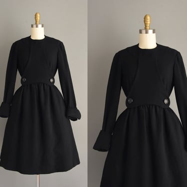 1960s vintage dress | Geoffrey Beene Black Wool Long Sleeve Full Skirt Dress | Small | 60s dress 