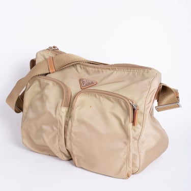 Vintage PRADA Double Pocket Crossbody Bag in Nude Nylon + Nude Leather with Silver Hardware Tessuto Medium Vela 90s Y2K Minimal 