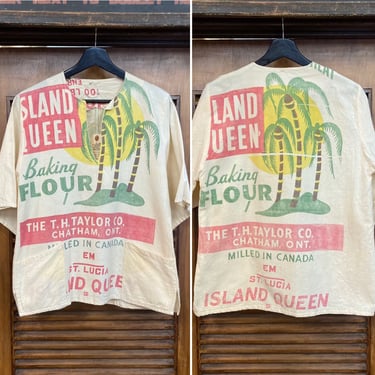 Vintage 1960’s “Island Queen” Pop Art Flour Sack Mod Artist Shirt Top, 60’s Beatnik, Vintage Clothing 