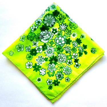 Vintage 60s 70s Flower Power Scarf Green 1960s 1970s Graphic Hair Scarf Accessory 