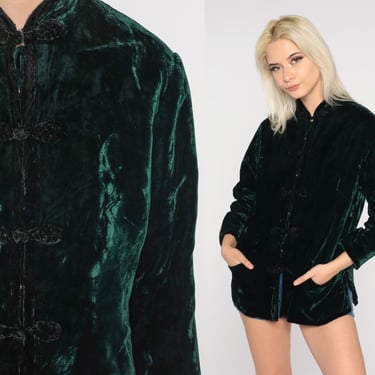 60s Velvet Jacket Dark Green Mod Jacket Boho Coat Mandarin Collar Frog Button Up Party Formal Sixties Chic Simple Vintage 1960s Medium M 